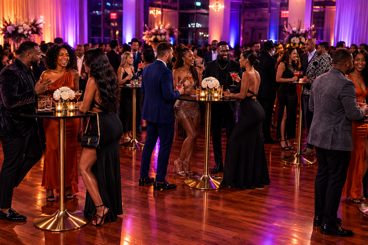 Guests in formalwear laughing around gold cocktail tables at an evening reception