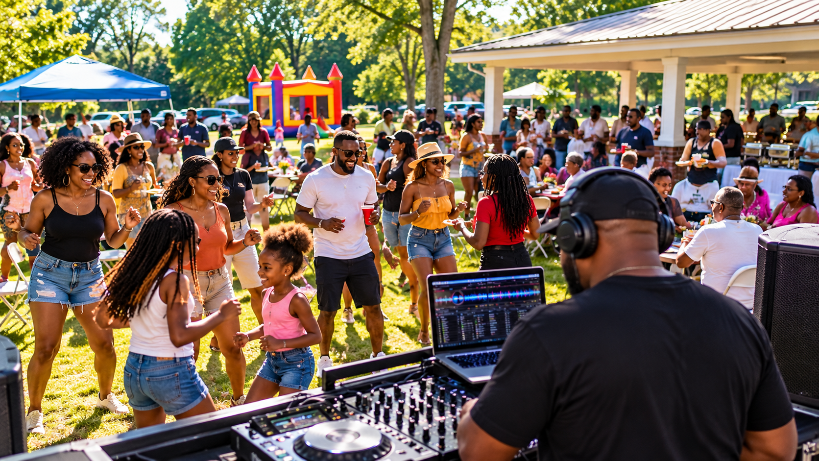 DJ Legendary playing an outdoor daytime event with guests dancing on a sunlit lawn
