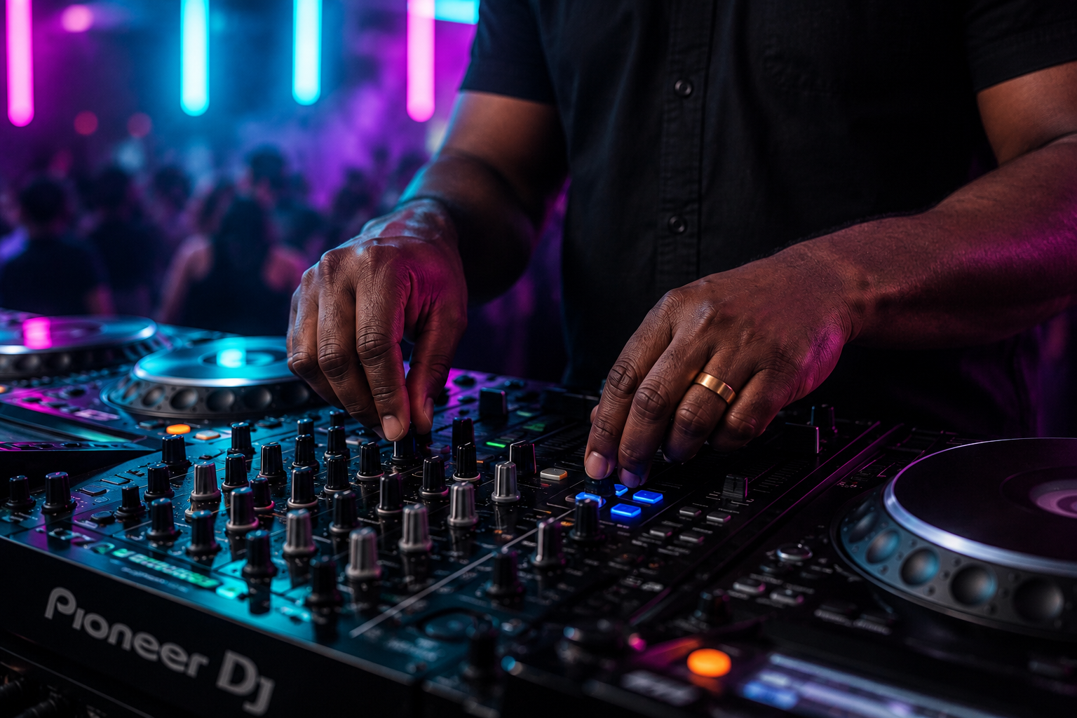 Close-up of DJ Legendary's hands working a Pioneer DJ mixer under club lighting