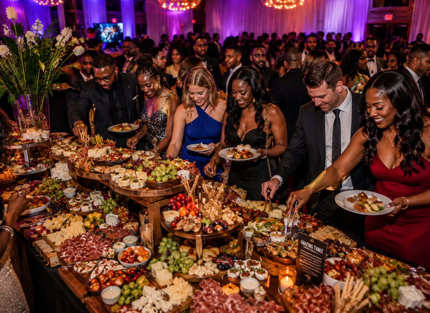 Guests gathered around an abundant grazing table at a black tie event